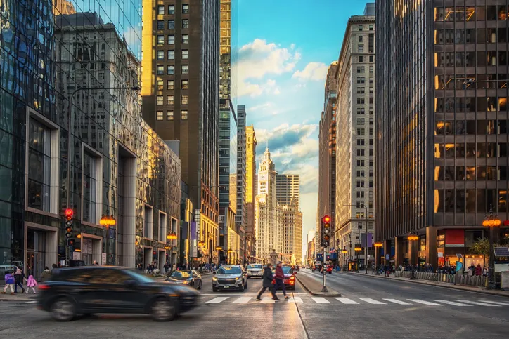 Street-level view of downtown Chicago in Cook County, Illinois