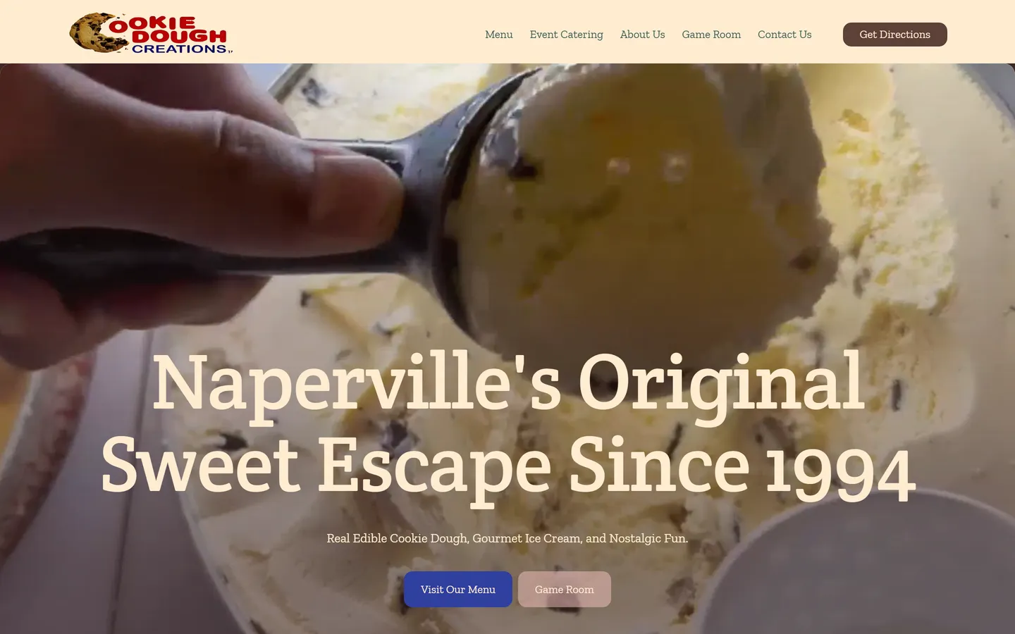 The dessert shop homepage A2Z MKTG designed and built, with a scoop of ice cream behind the headline