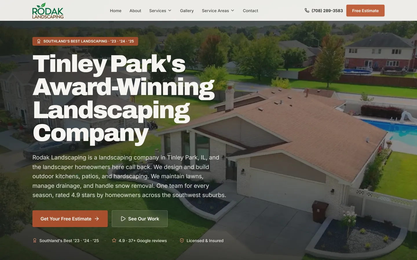 The homepage A2Z MKTG designed and built for a landscaping company. It shows the hero, service links and estimate call to action